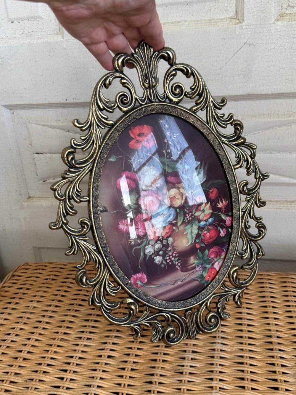 Vintage 1960s Italian Metal Frame Convex Glass Floral Bouquet Print 13x10" - Picture 10 of 11